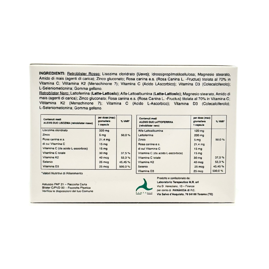 ALEXISDUO – INTEGRATORE ALIMENTARE CON LATTOFERRINA, ALFA-LATTOALBUMINA, LISOZIMA, VITAMINE E MINERALI